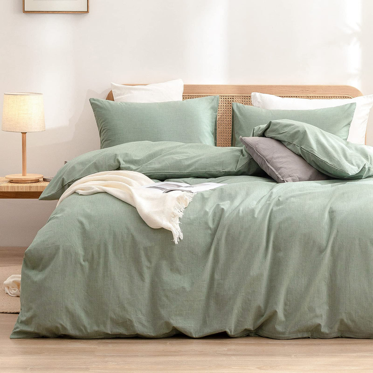 Bestouch Duvet Cover Set 100% Washed Cotton Linen Feel Super Soft Comfortable Chic Lightweight 2 Pcs Home Bedding Set Solid Gree