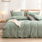 Bestouch Duvet Cover Set 100% Washed Cotton Linen Feel Super Soft Comfortable Chic Lightweight 2 Pcs Home Bedding Set Solid Gree