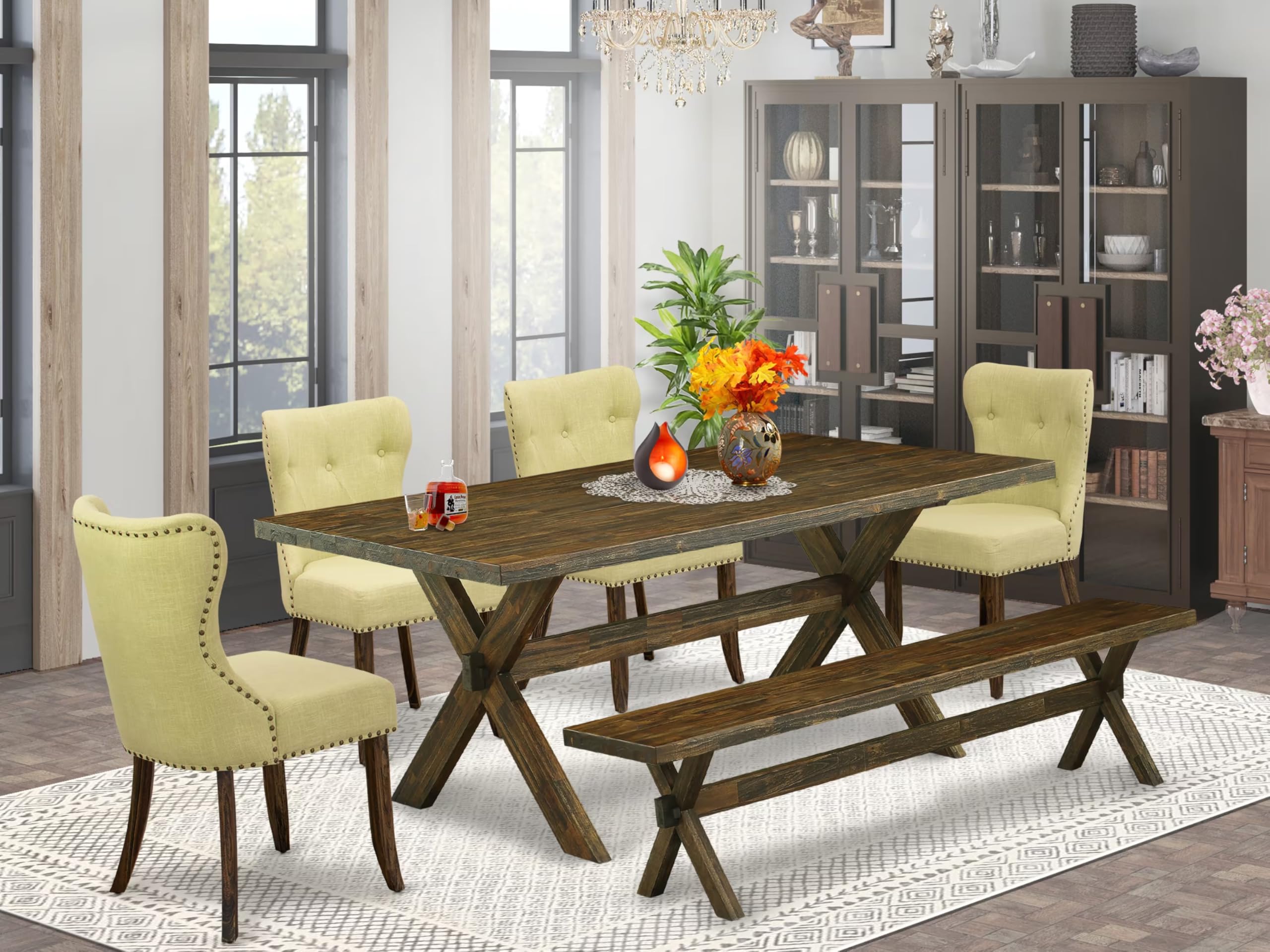 East West Furniture X777Si737-6 6 Piece Dining Table Set Contains A Rectangle Kitchen Table With X-Legs And 4 Limelight Linen Fabric Upholstered Chairs With A Bench, 40X72 Inch, Multi-Color