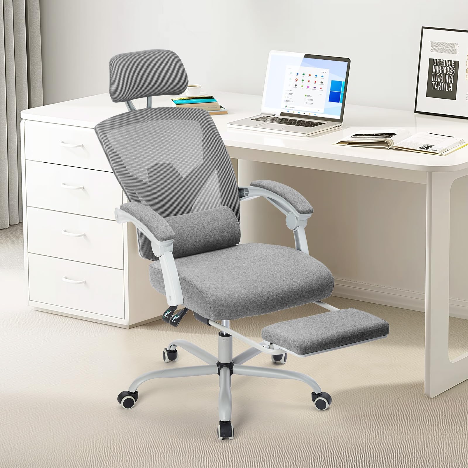 Sweetcrispy Office Computer Desk Chair with Footrest,Ergonomic High-Back Mesh Rolling Work Swivel Chairs with Wheels,Comfortable