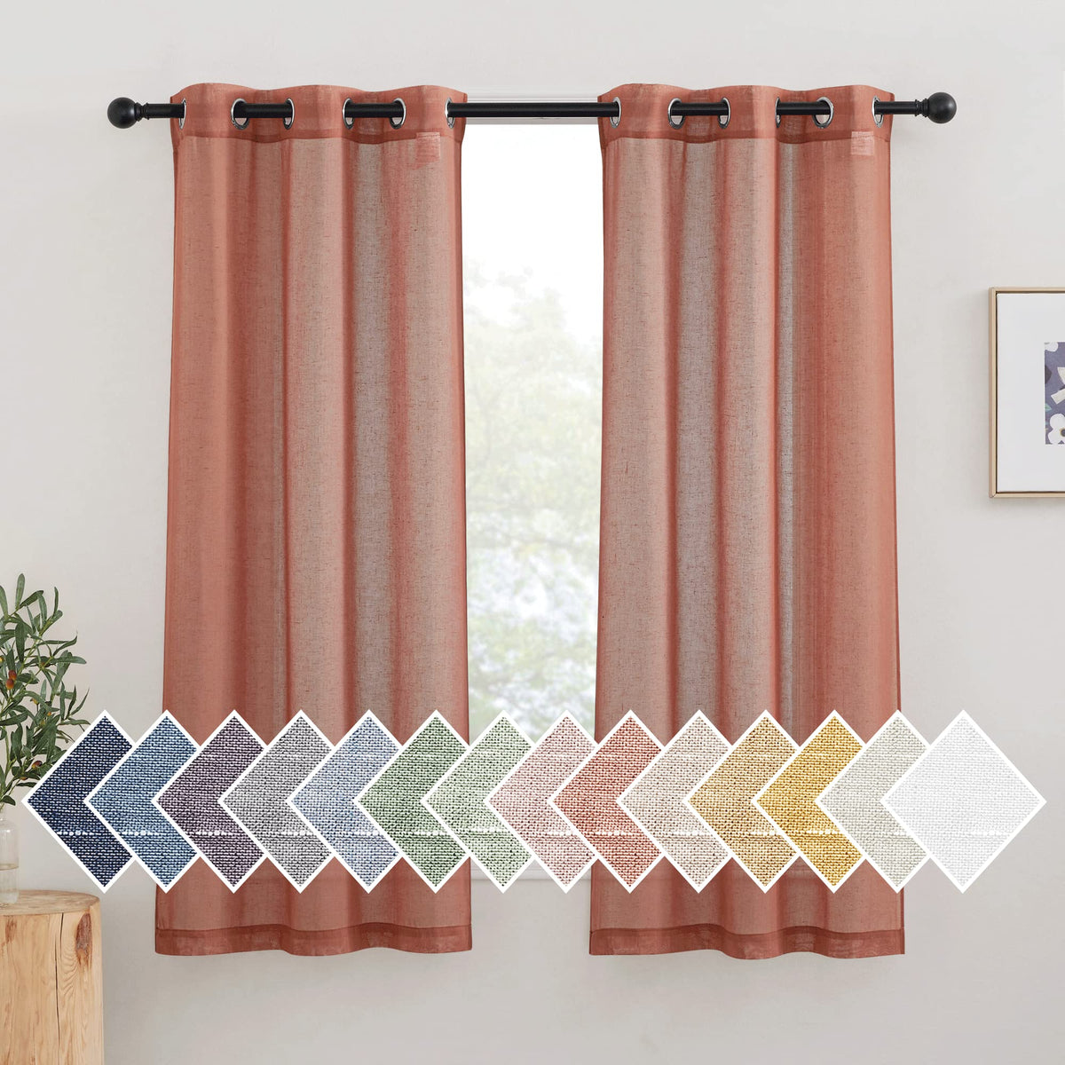 Nicetown Burnt Orange Linen Curtains 63 Inch Length 2 Panels Set, Grommet Semi Sheer Window Drapes Linen Blend Rustic & Casual P