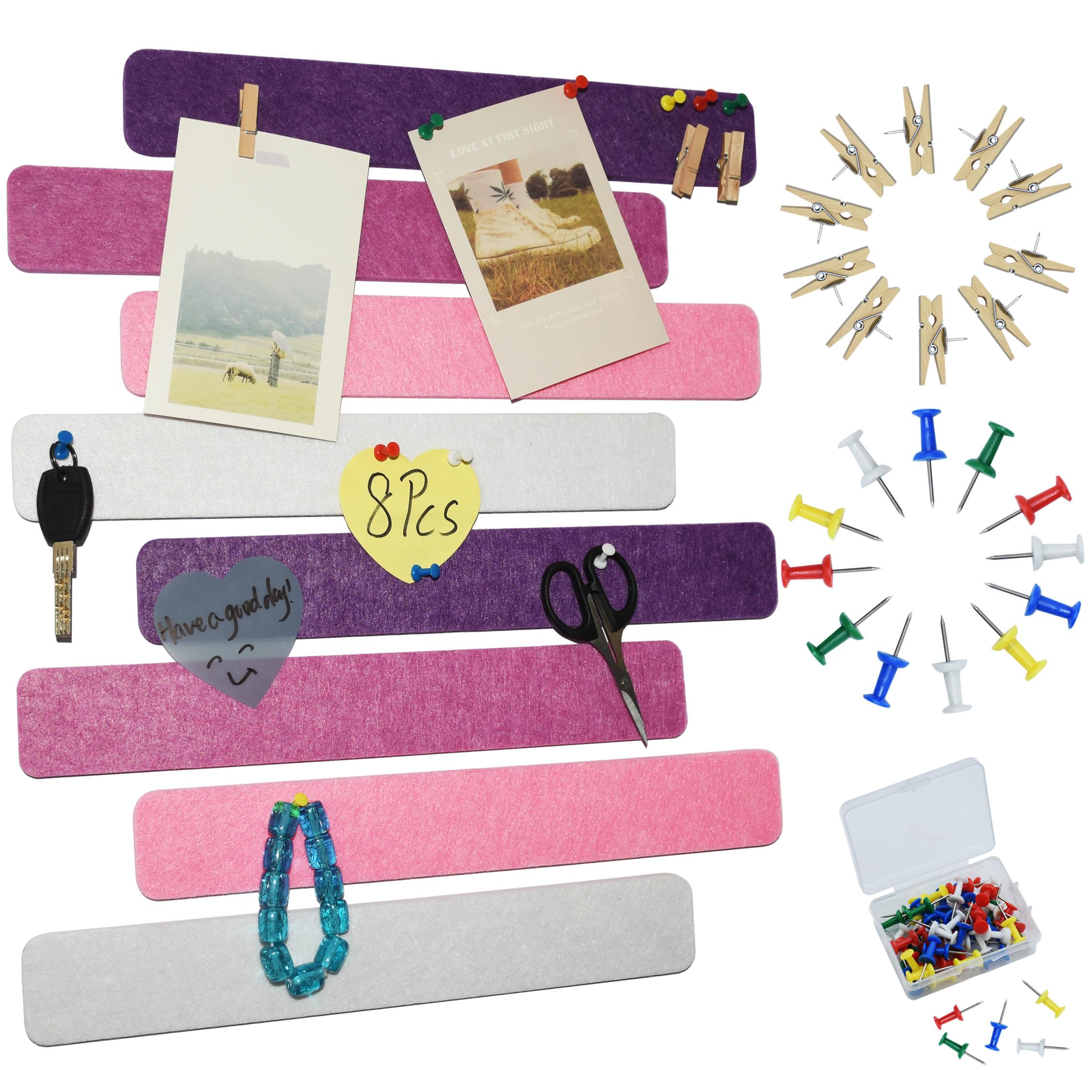 Youdeful 8Pcs Bulletin Board Strips, Purple Rose Felt Pin Board Bar Strips With 50 Pushpins, Self-Adhesive Felt Cork Board Strip