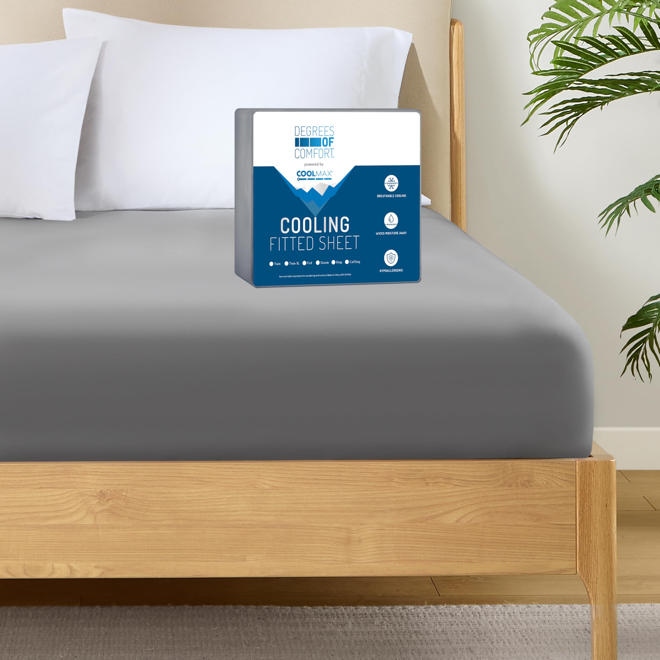 Degrees Of Comfort Coolmax Cooling Fitted Sheet Only, Queen Size Bed Soft Sheets For Hot Sleepers, Up To 15' Deep Pocket, All Around Elastic, Wrinkle Free, Fade Stain Resistant, Grey 1Pc