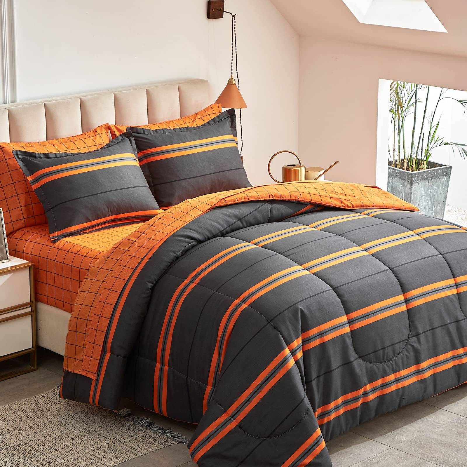 Flysheep Boho Striped Bed In A Bag 7 Pieces King Size, Ombre Bright Orange Stripes On Black Comforter Sheet Set (1 Comforter, 1
