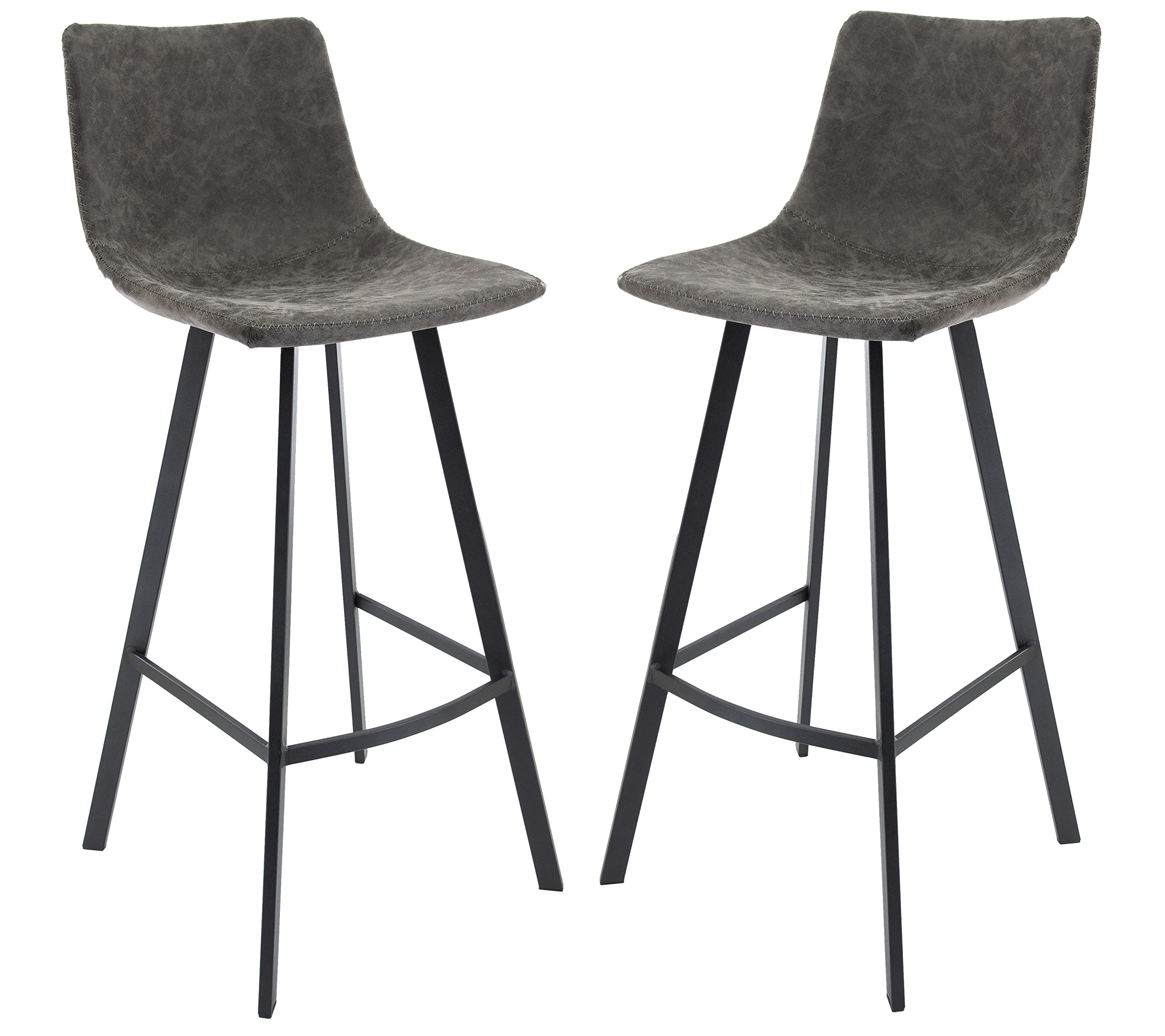 Leisuremod Elland Modern Upholstered Leather Bar Stool Kitchen Island Stools With Iron Legs & Footrest Set Of 2 (Grey)