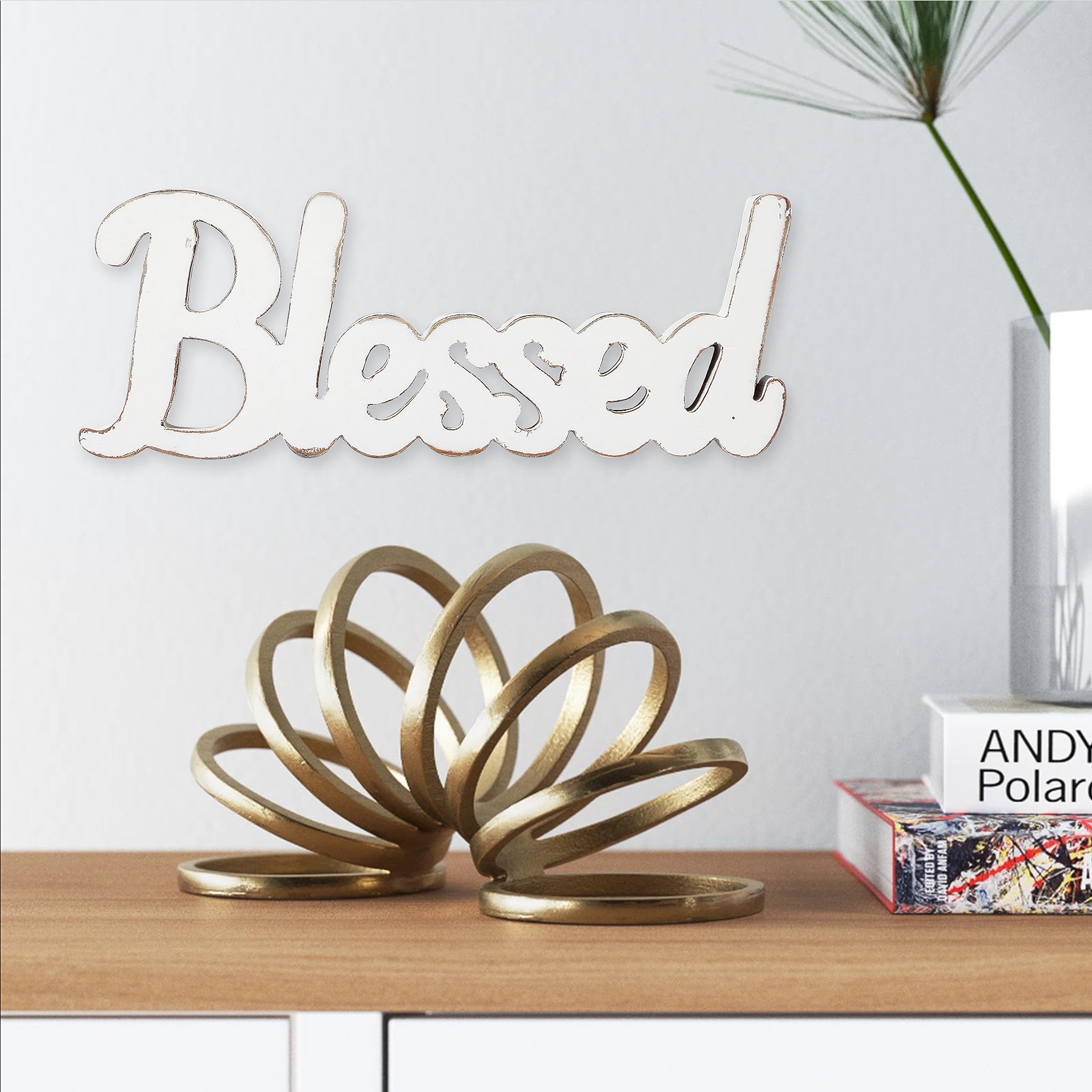 Sintosin Rustic White Wooden Blessed Sign For Tabletop 15', Wall Hanging Farmhouse Blessed Signs For Home Decor, Handmade Thank