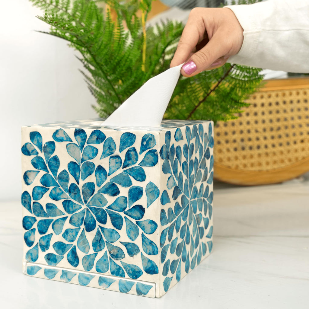 Claynix Tissue Box Cover - Mosaic Mother Of Pearl Inlay Cube - Napkin Holder Square - Toilet Paper Storage - Decorative Organize