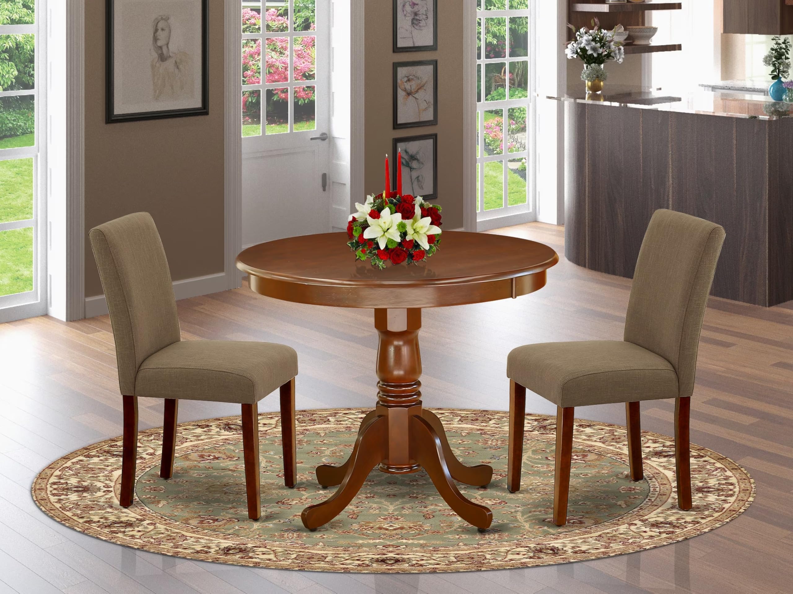 East West Furniture Anab3-Mah-18 3 Piece Modern Dining Table Set Contains A Round Kitchen Table With Pedestal And 2 Coffee Linen Fabric Parson Dining Chairs, 36X36 Inch, Mahogany
