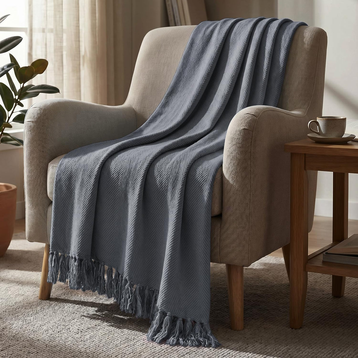HOKIPO Drift Grey All Season Cotton Sofa Throw 50x60 Inches, Soft Decorative Living Room Sofa Throw Blanket with Tassels, Blush