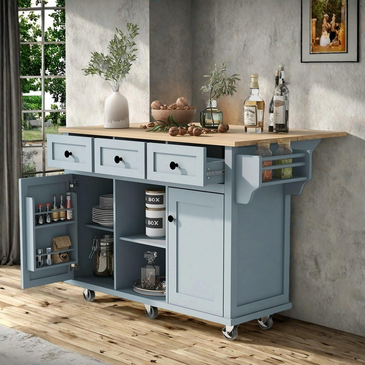 Lumisol Kitchen Island With Drop Leaf, Rolling Kitchen Cart With Internal Storage Racks, Wood Portable Trolley Island On Wheels