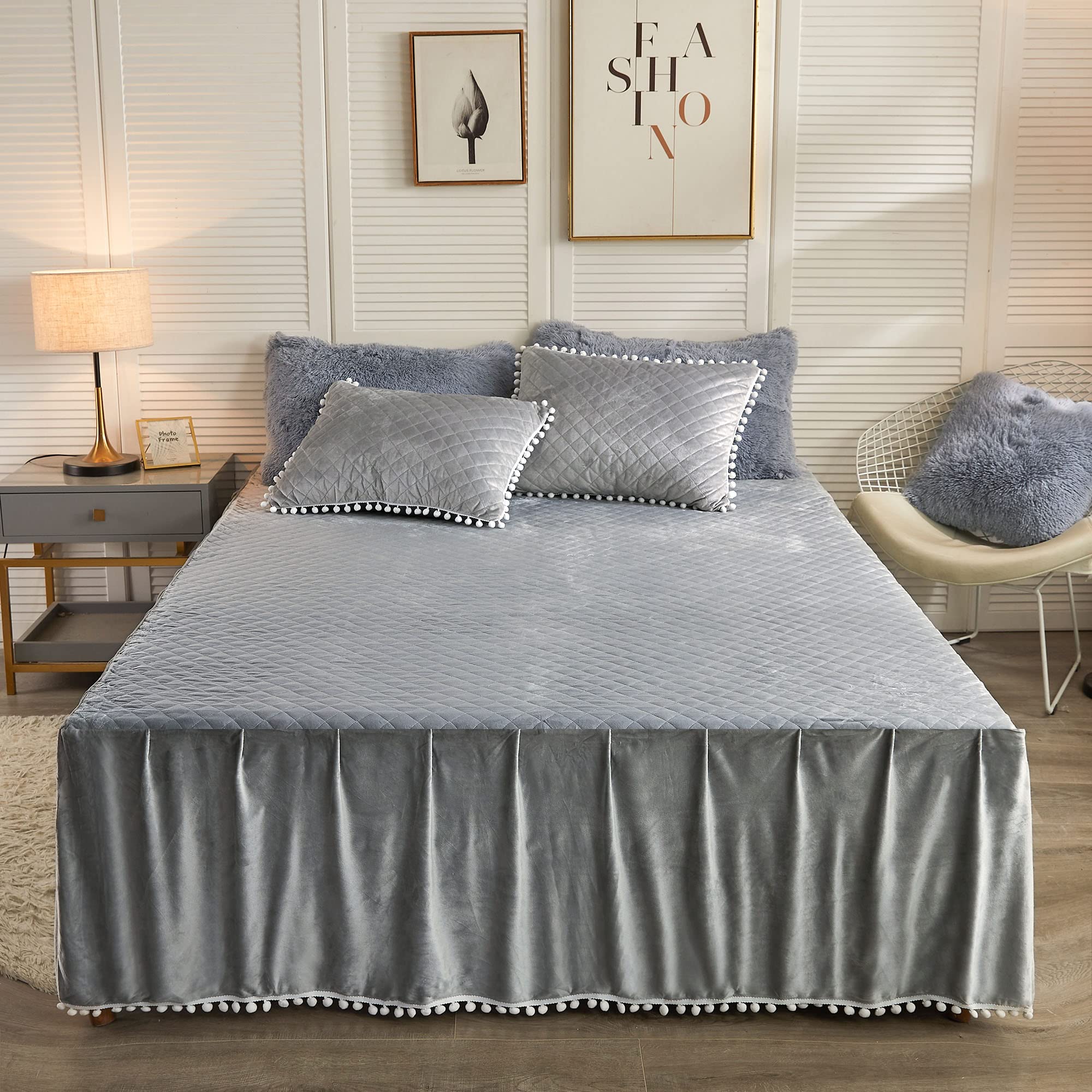Liferevo Luxury Pom Poms Velvet Bed Skirt, Velvet Wrap Around Bed Skirt, Diamond Quilted Fitted Bed Sheet With Bedskirt, 18 Inch