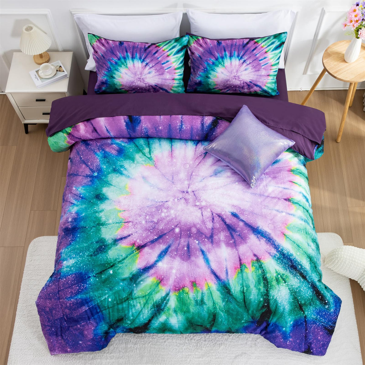 A Nice Night 6Pcs Bed In A Bag Bedding Set Tie Dye Galaxy Children Comforter Set, Psychedelic Swirl Pattern Colorful Boho, Boysg
