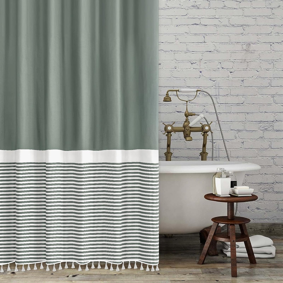 Seasonwood Sage Green Shower Curtain For Bathroom Stripe Tassel Shower Curtain 72 X 84 Inches Extra Long Fabric Shower Curtains,