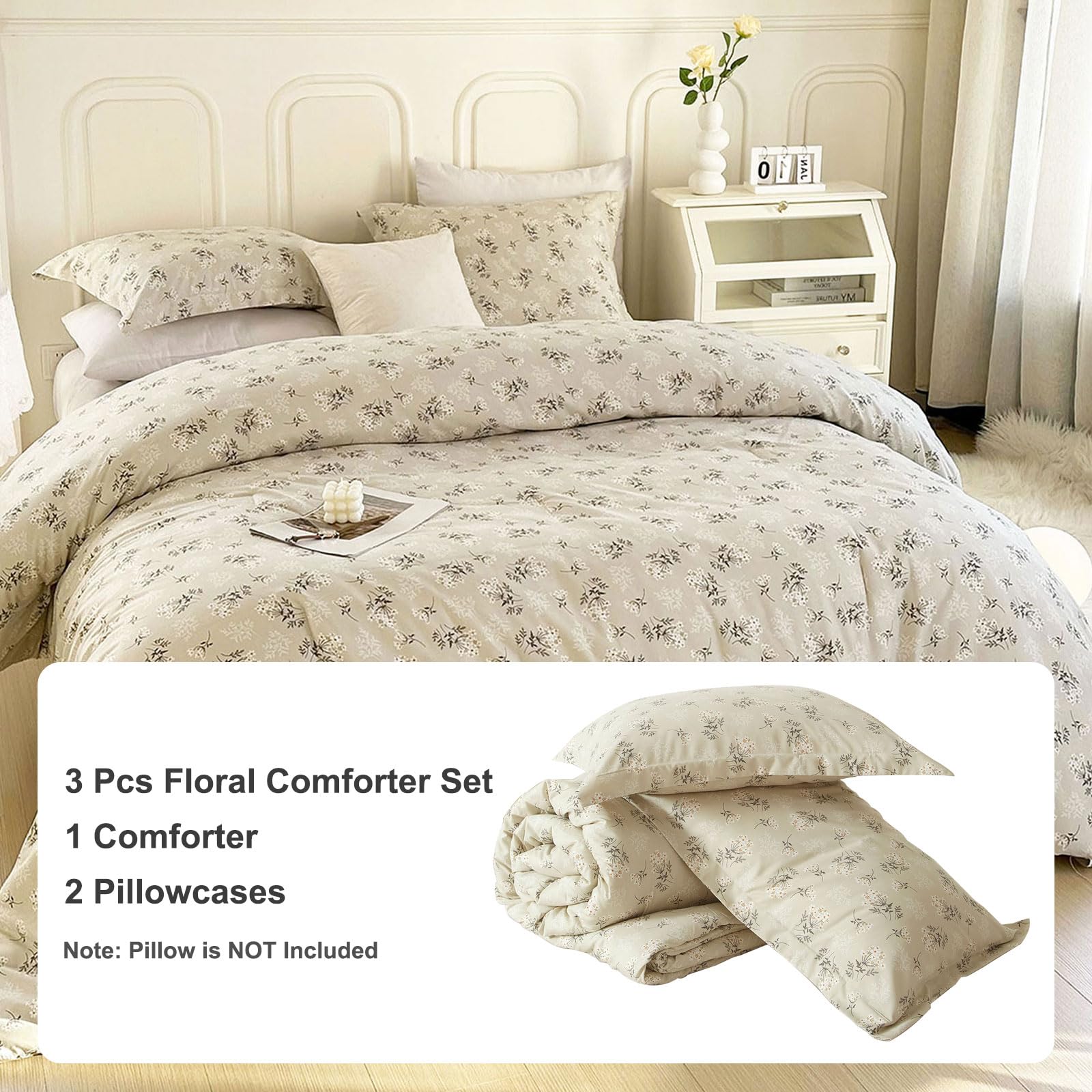 Eavd Boho Floral Comforter Set Queen Soft Washed Microfiber Bedding Comforter Set Garden Beige Floral Bedding Queen Comforter Se