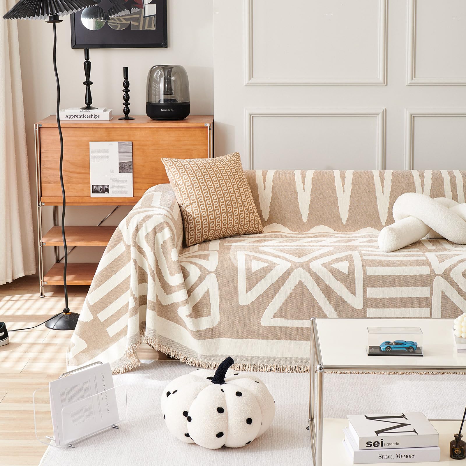 Handontime Sofa Covers For Sectional Sofa Set Boho Couch Cover For Dogs Khaki Throw Couch Cover With Tassel Loveseat Covers Futon Cover L Shaped Cover Washable Chenille Couch Protector, 71' X134'