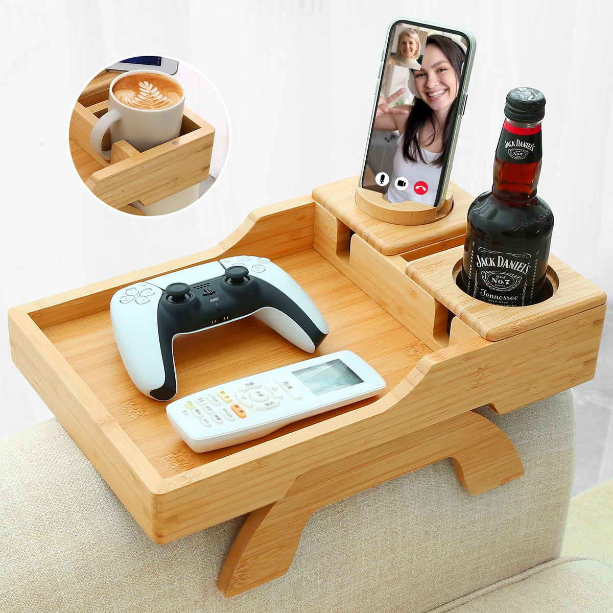 BAMBOOTRAY Couch Arm Tray, Multi-Function Folding Sofa Armrest Tray with 360Rotating Phone&Pad Bracket, TV Tray for Eating and B