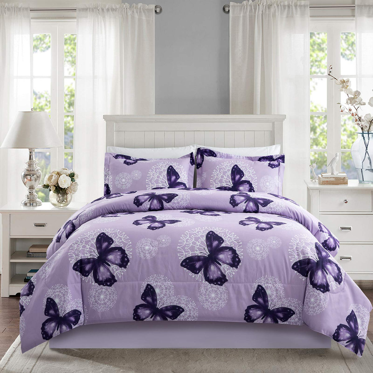 Artall Lightweight Microfiber 3 Piece Comforter Set With 2 Shams, Butterfly Pattern Bedding Set, Full/Queen, Purple