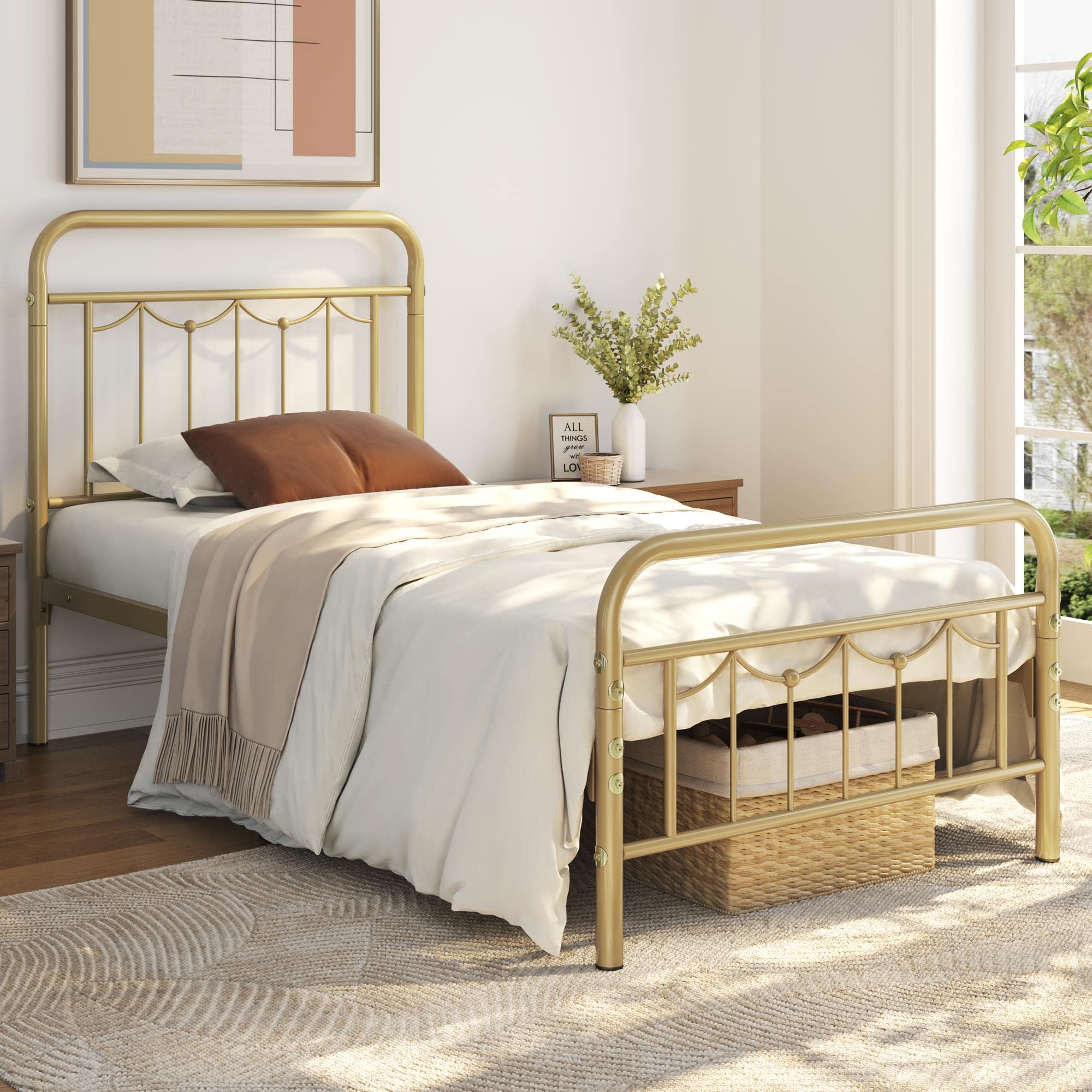Yaheetech Twin Size Metal Bed Frames With Vintage Headboard And Footboard, Farmhouse Metal Platform Bed, Heavy Duty Steel Slat Support, Ample Under-Bed Storage, No Box Spring Needed, Antique Gold