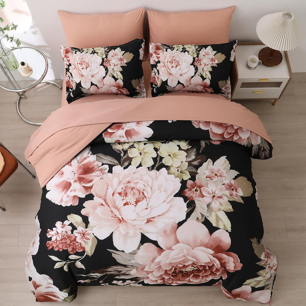 Dintszyayue Black Comforter Set King Size 7 Pieces Pink Floral Bed In A Bag, Complete Bedding Sets Elegant Flower Bed Set Comfor