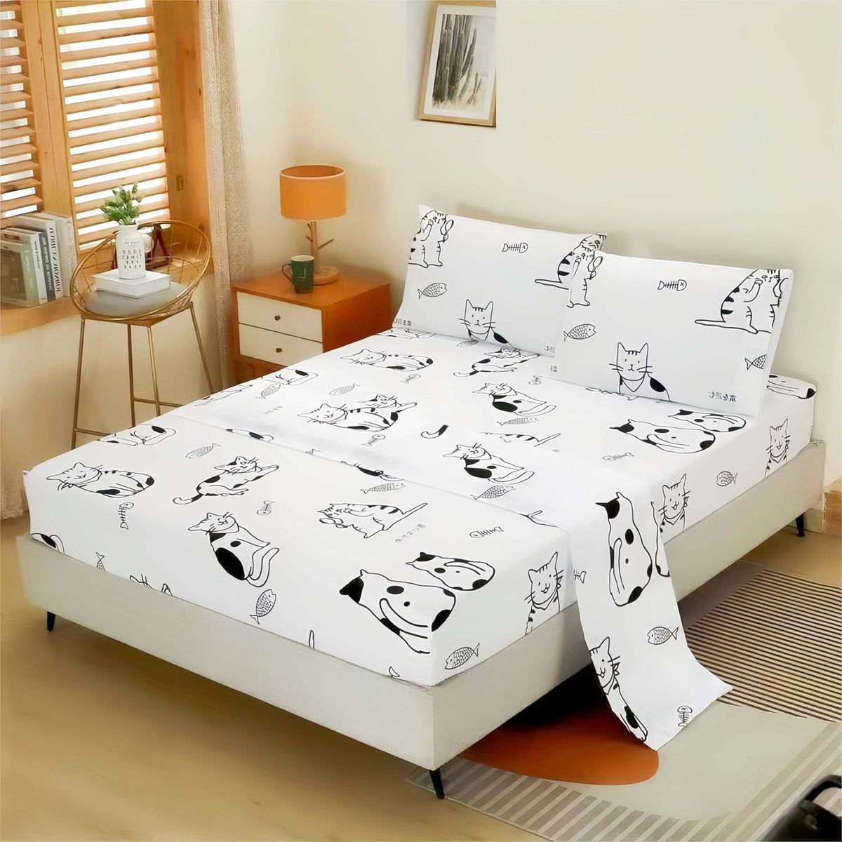 Sdy 4Pcs Cats Bedding Sheets Twin Size White With Cartoon Cat Print Sheet Set Included 1 Deep Pocket Fitted Sheet & 1 Top Flat S