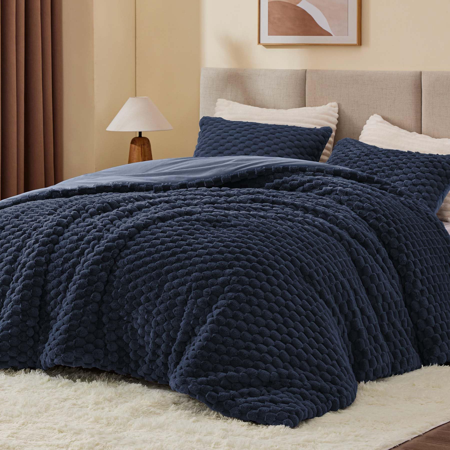 Bedelite Fluffy King Size Comforter Set - Navy Blue Fleece Soft Comforter For King Size Bed, Luxury Warm Bedding Set For Winter,