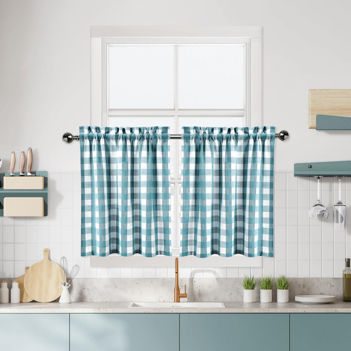 Teal Buffalo Plaid Cafe Curtains 36 Inches Long,Dark Blue Buffalo Check Kitchen Tier Curtains, Gingham Rod Pocket Short Tier Cur