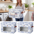 Domensi 2 Pack Blue Floral Large Storage Bins with Lids Handles Blue and White Porcelain Storage Boxes 16.5x11.8x11 Inch Foldabl