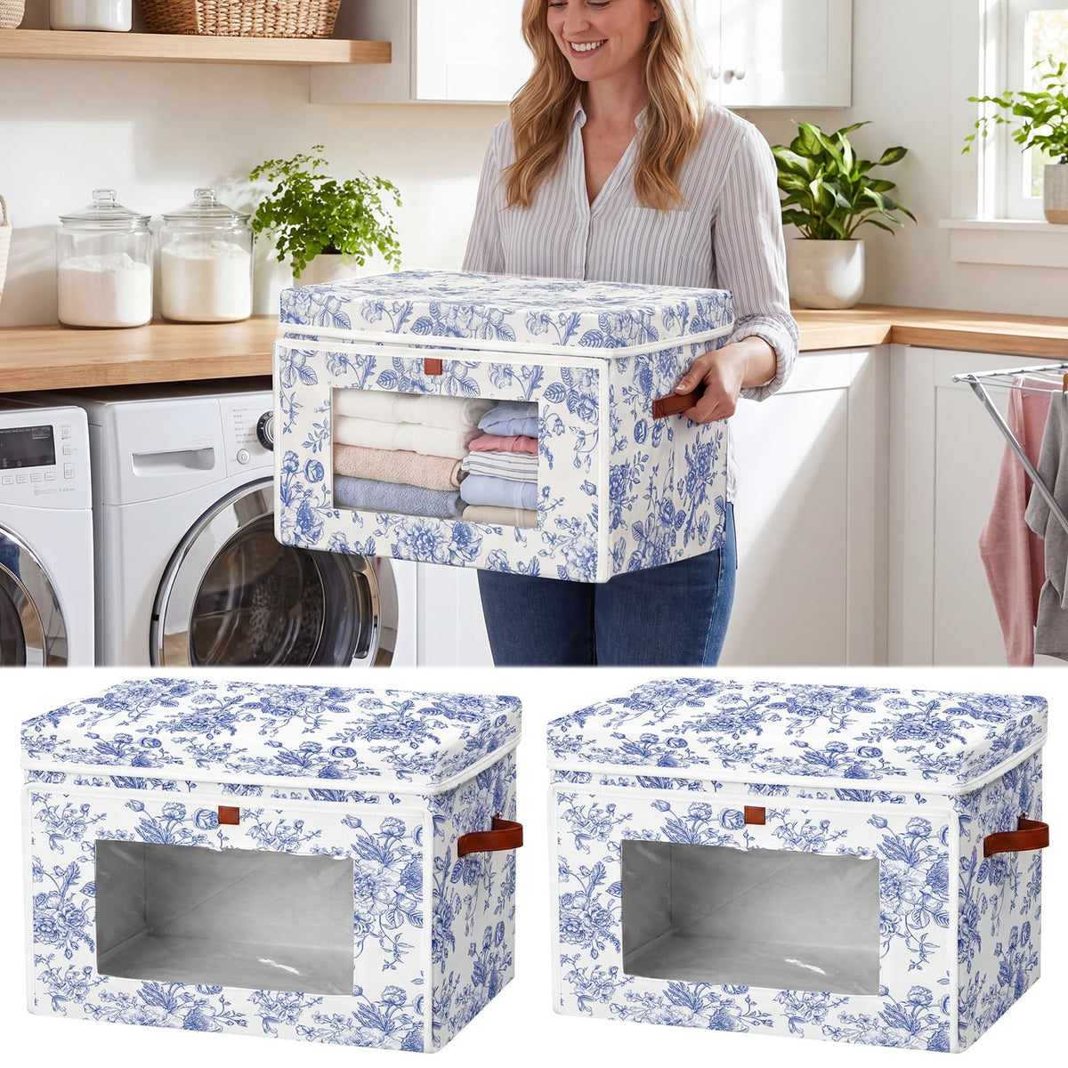 Domensi 2 Pack Blue Floral Large Storage Bins with Lids Handles Blue and White Porcelain Storage Boxes 16.5x11.8x11 Inch Foldabl
