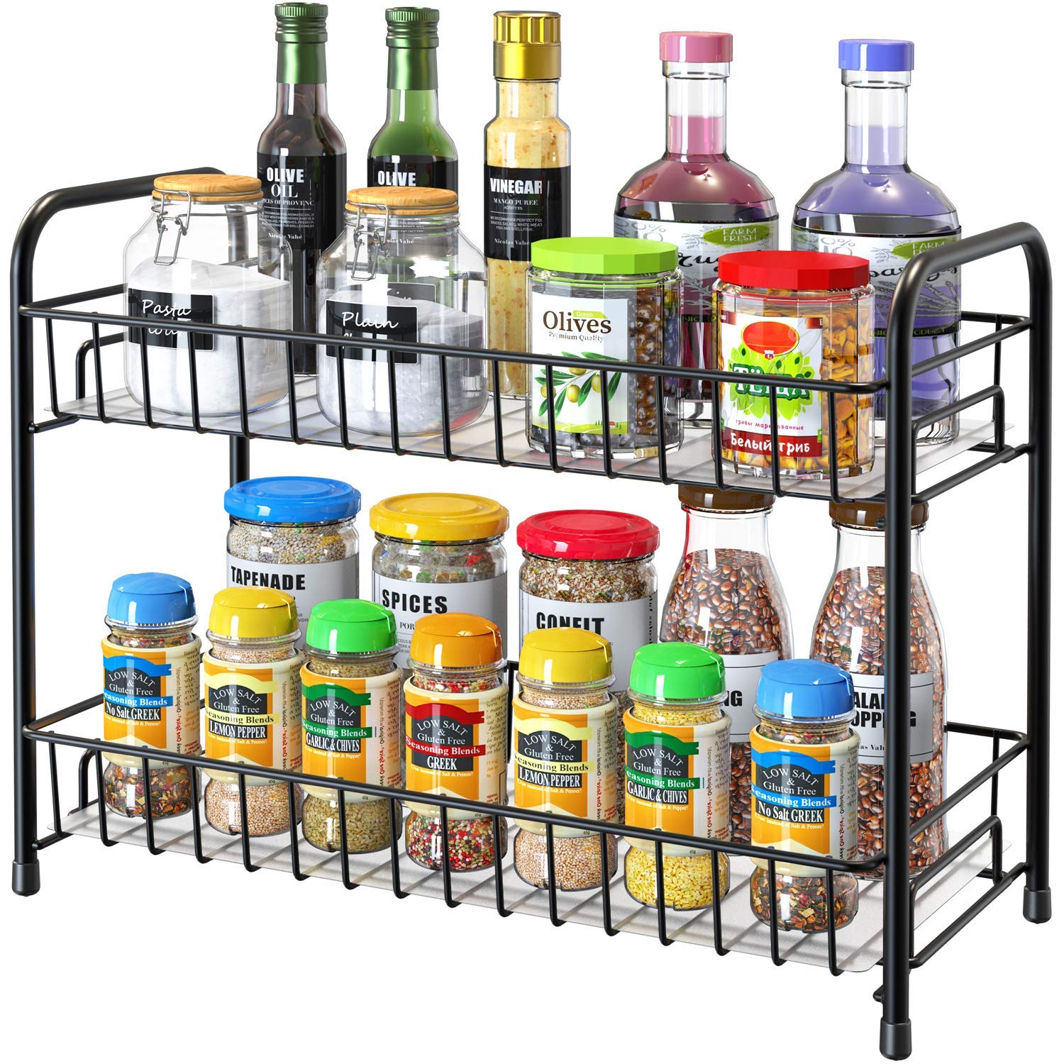 Alight Spice Rack Organizer For Countertop 2 Tier Counter Shelf Standing Holder Storage For Kitchen Cabine With Shelf Liner  Bl