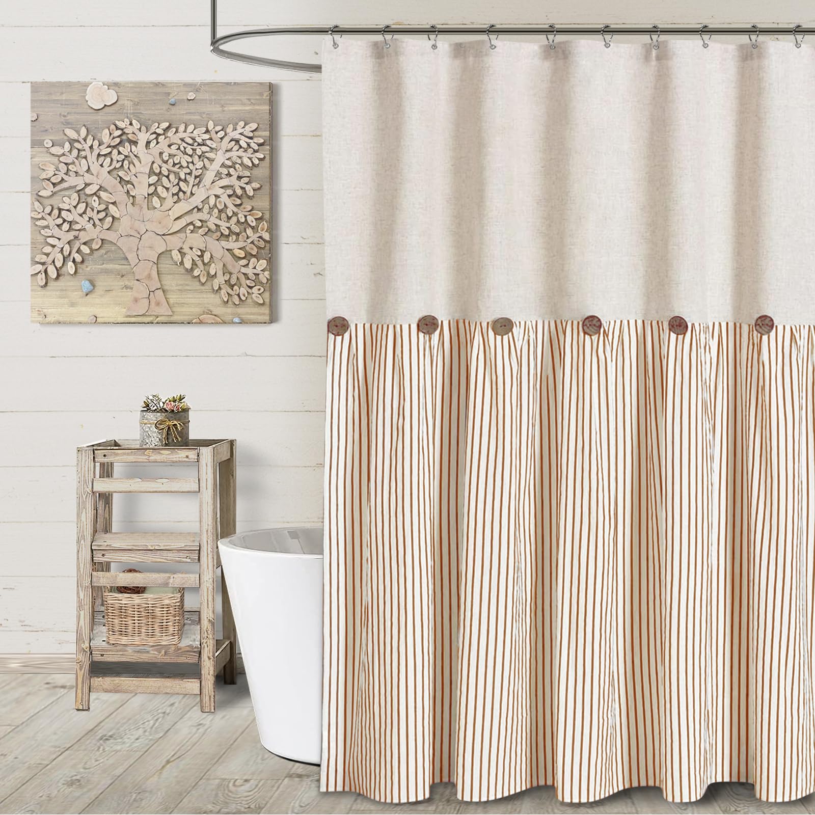 Awellife Linen Button Farmhouse Beige Shower Curtain,Linen And Cotton Woven Fabric,Pleated Orange Stripe,Country Style (72' L X