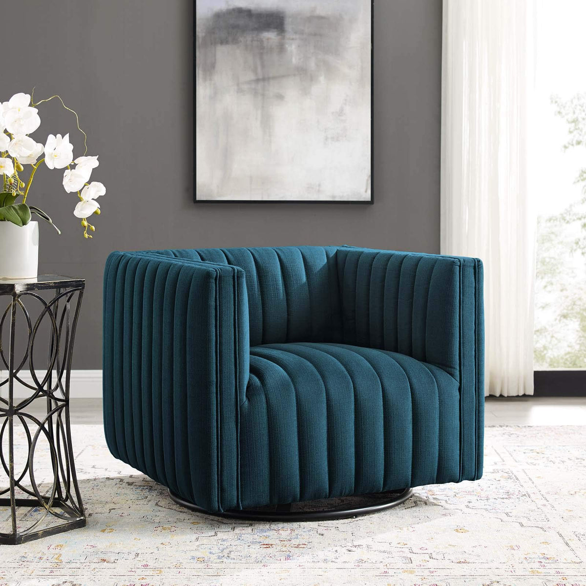 Modway Conjure Channel Tufted Upholstered Accent Azure, Swivel Armchair
