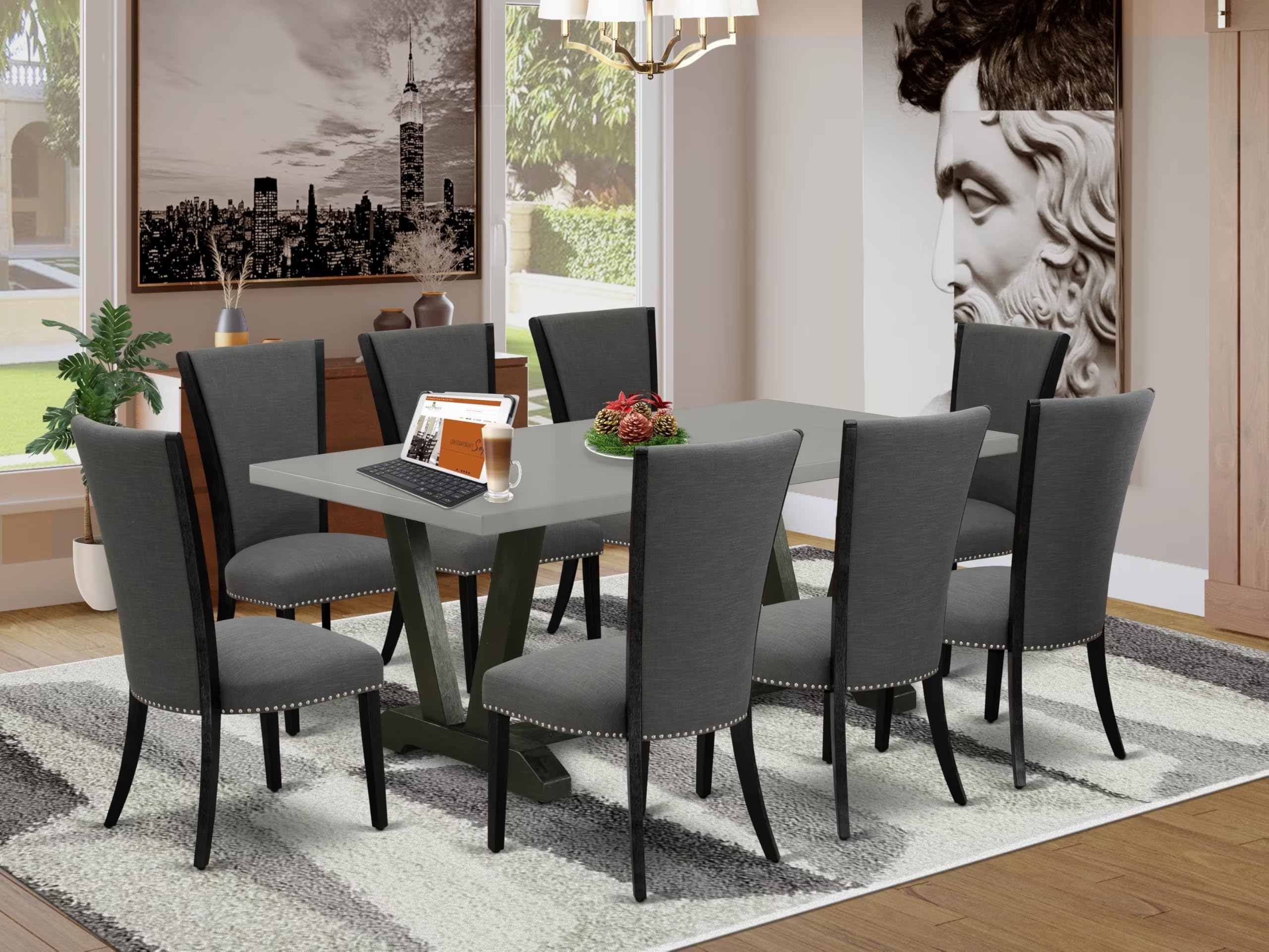 East West Furniture V697Ve650-9 9 Piece Dining Table Set Includes A Rectangle Dining Room Table With V-Legs And 8 Dark Gotham Linen Fabric Upholstered Chairs, 40X72 Inch, Multi-Color