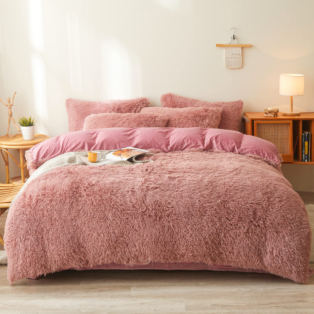 Old Pink Plush Fluffy Comforter Cover Set Queen - Ultra Soft Faux Fur Old Pink Bedding Sets 3 Pieces (1 Fuzzy Duvet Cover + 2 Pi
