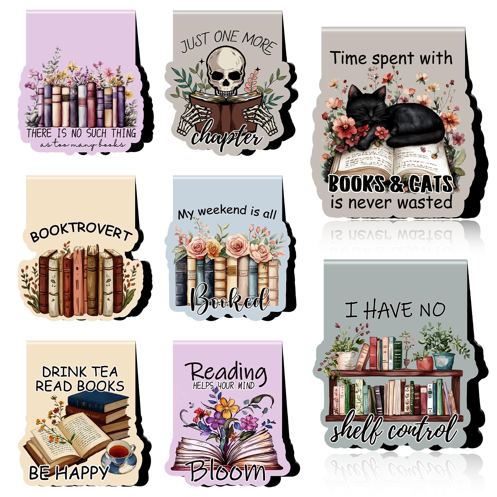 Wxiben Bookish Magnetic Bookmark Gifts - 8Pcs Book Lovers Bookmarks Magnetic Book Mark Magnets Cat Flower Book Mark Magnet Vinta