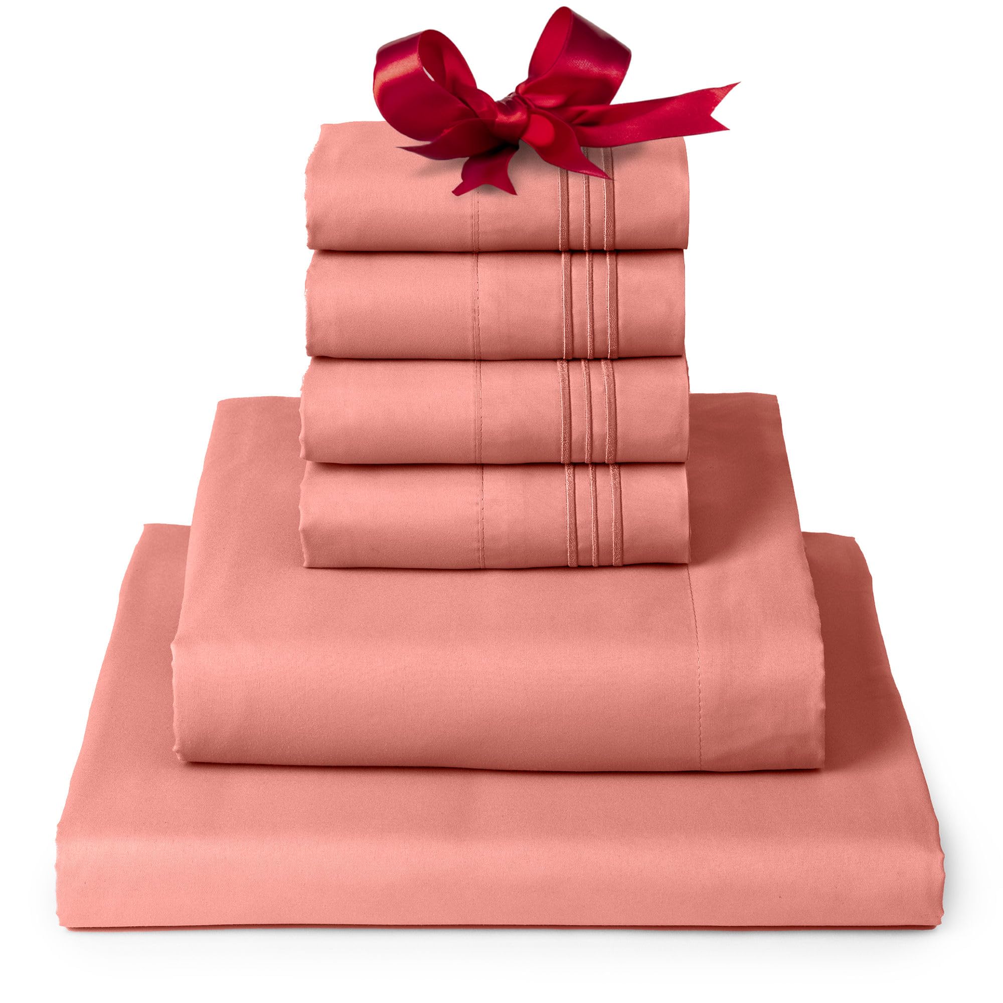 Mellanni Full Sheet Set - 6-Piece Iconic Collection Bedding, (Including 4 Pillowcases), 16-Inch Deep Pocket, Easy Care, Extra Soft, Cooling Sheets, Brushed Microfiber - Coral