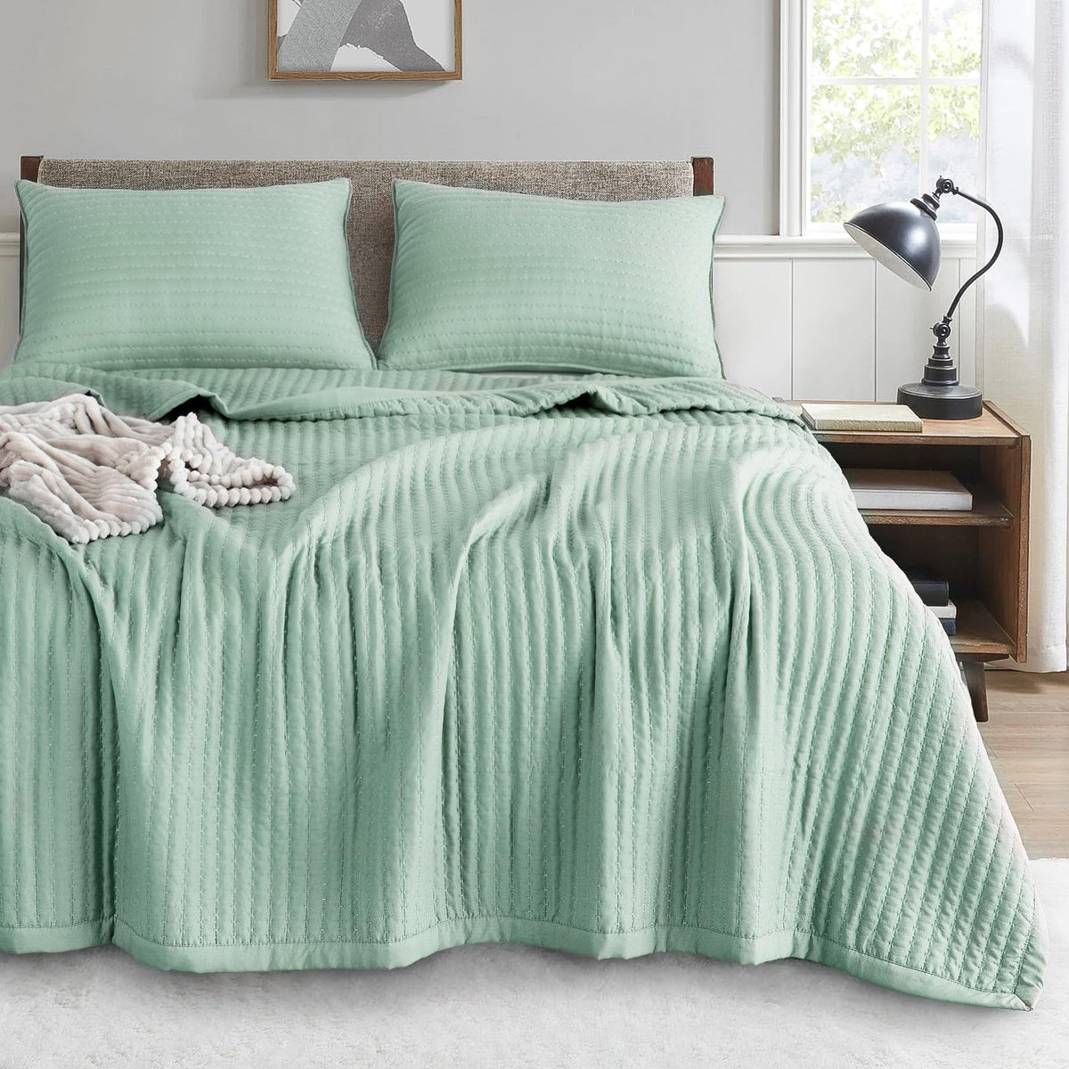 Kasentex Quilt Mini Set - Stone Washed - Super Soft Bedspread - Lightweight - Reversible Down Alternative Microfiber Fill - Mach