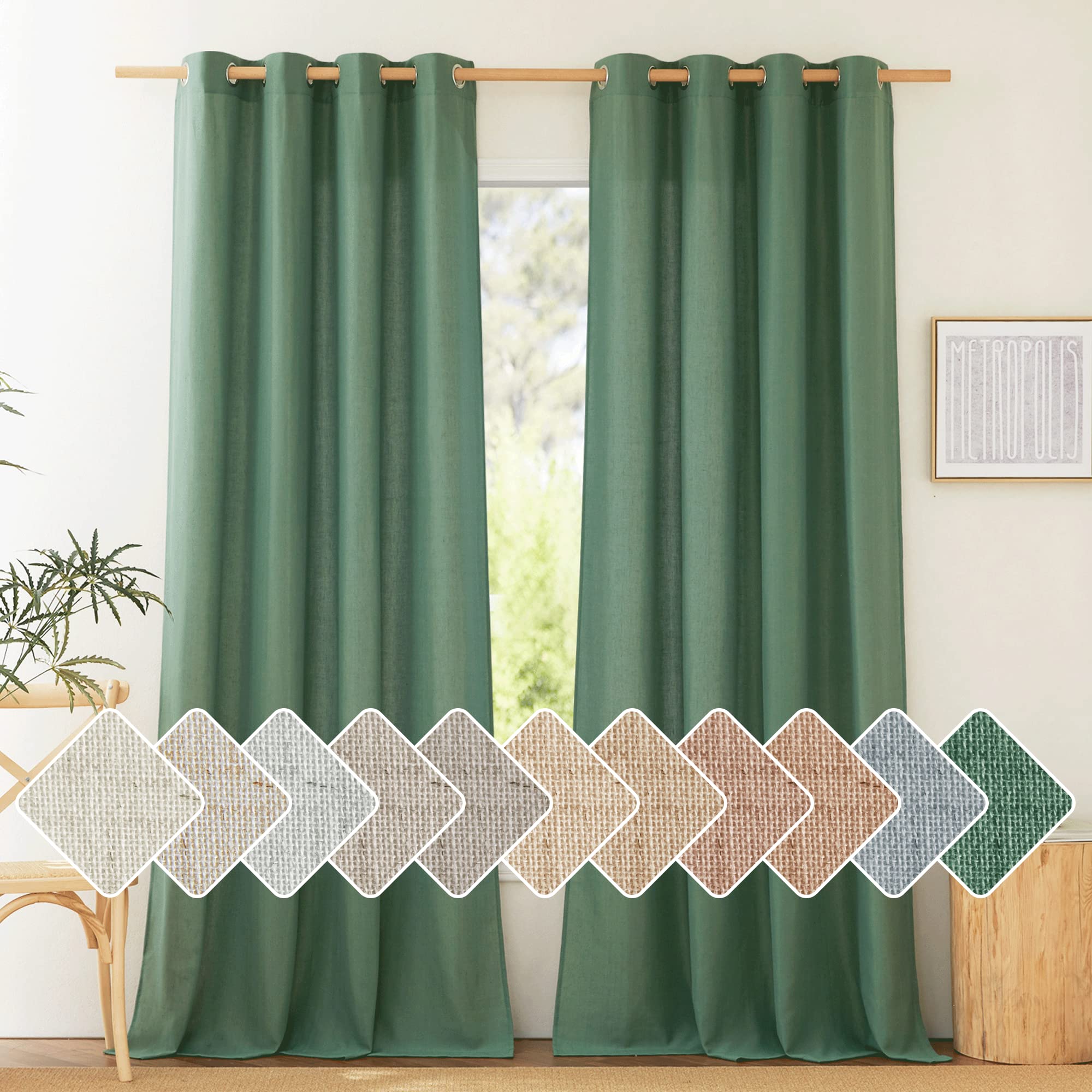Nicetown Flax Linen Olive Green Curtains 108 Inches Long, Grommet Privacy Semi Sheer Privacy Added With Light Filtering Window T