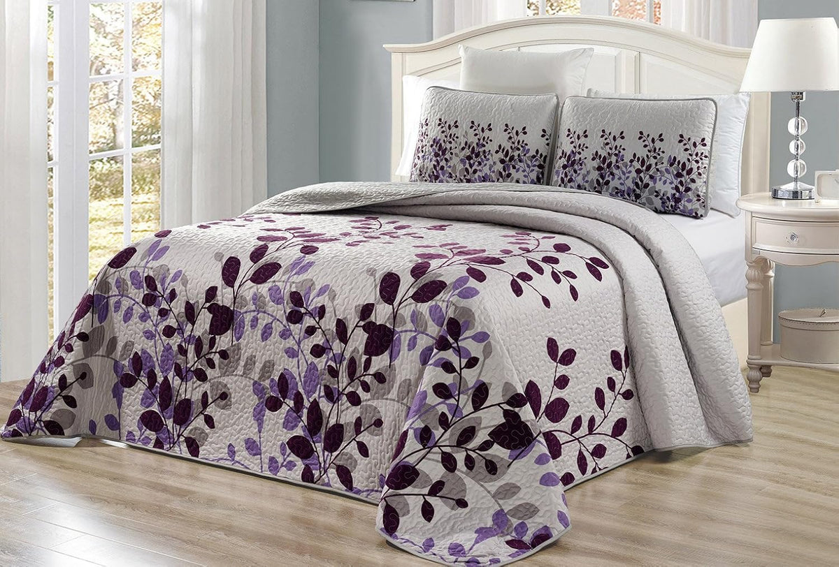 3-Piece Fine Printed Oversize (115' X 95') Fresca Quilt Set Reversible Bedspread Coverlet King Size Bed Cover (Purple, Grey, V