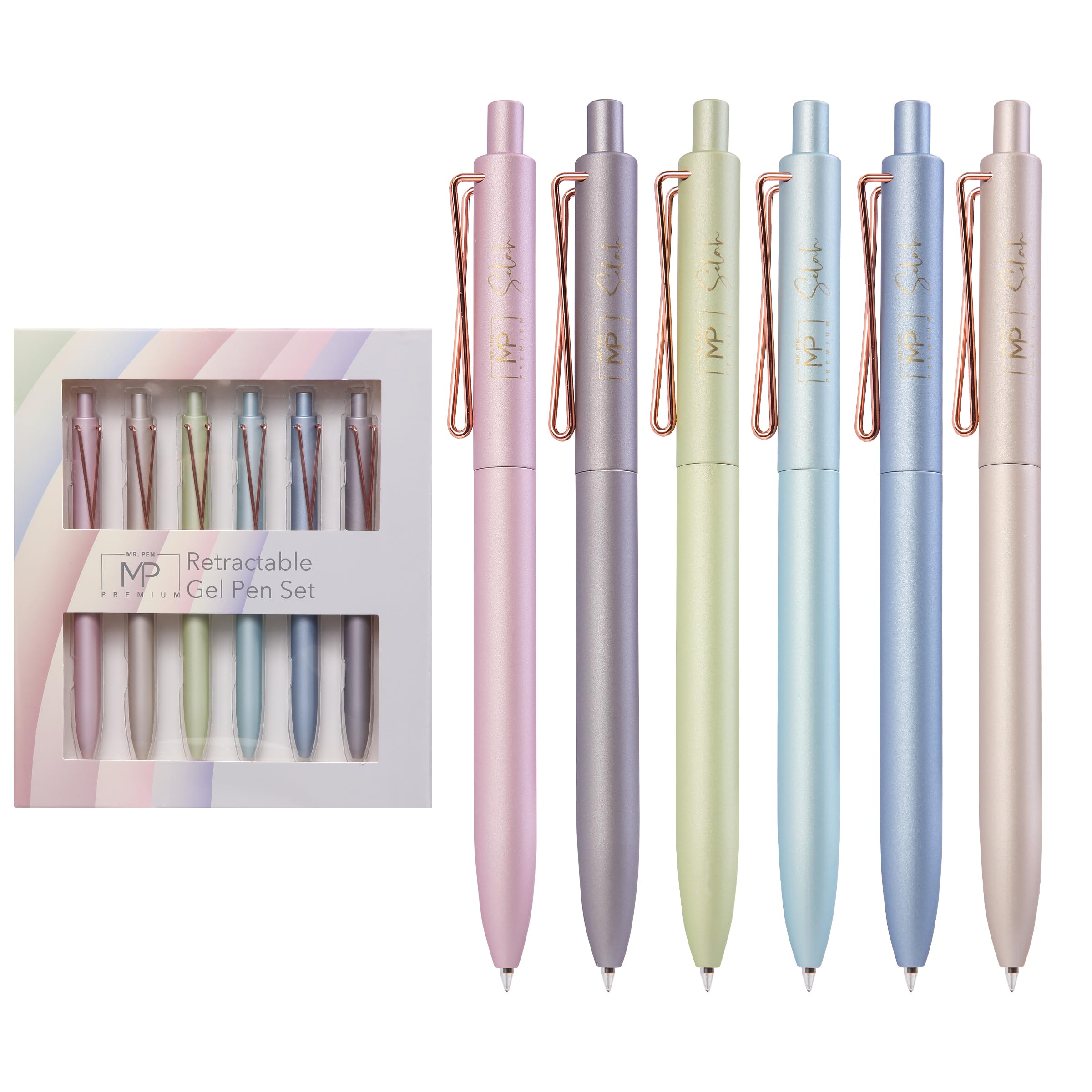 Mr. Pen- Retractable Gel Pens, 6 Pack, Black Ink Gel Pens Fine Point, Metallic Colorful Barrels