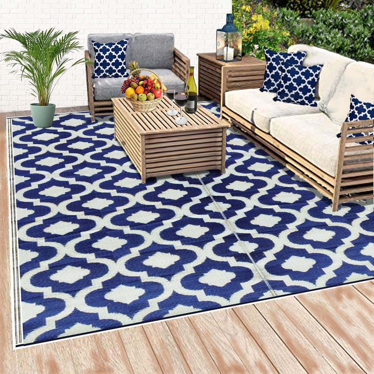Balajeesusa Recycled Outdoor Plastic Patio Rugs Clearance Waterproof Rv Camper Rug Large Reversible Mats 6'X9' Blue & White 2031
