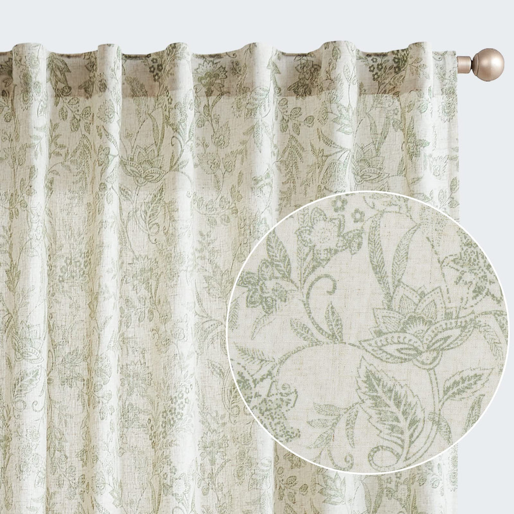 Lazzzy Green Floral Linen Farmhouse Curtains 108 Inches Long Back Tab Drapes for Living Room Bedroom Light Filtering Country Vin