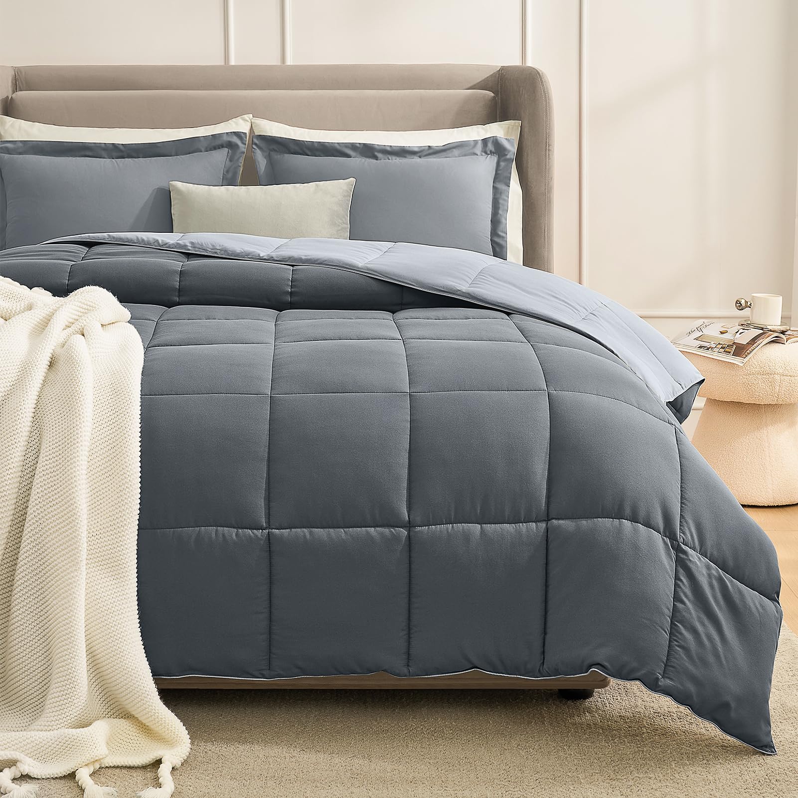 Homelike Moment Queen Lightweight Comforter Set Grey, 3 Piece Soft Reversible Down Alternative Bed For All Season, Breathable Se