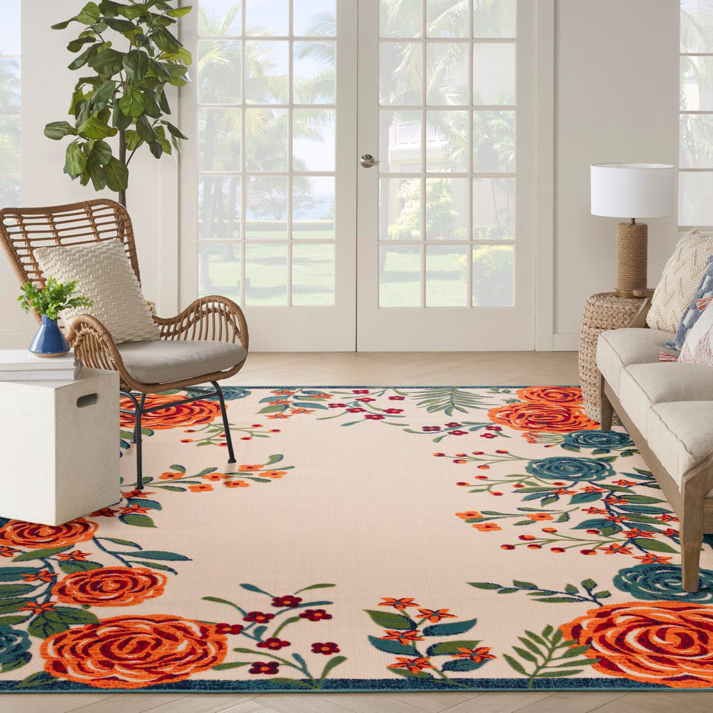 Nourison Aloha Indoor/Outdoor Ivory Multicolor 9' X 12' Area Rug, Easy-Cleaning, Non Shedding, Bed Room, Living Room, Dining Roo