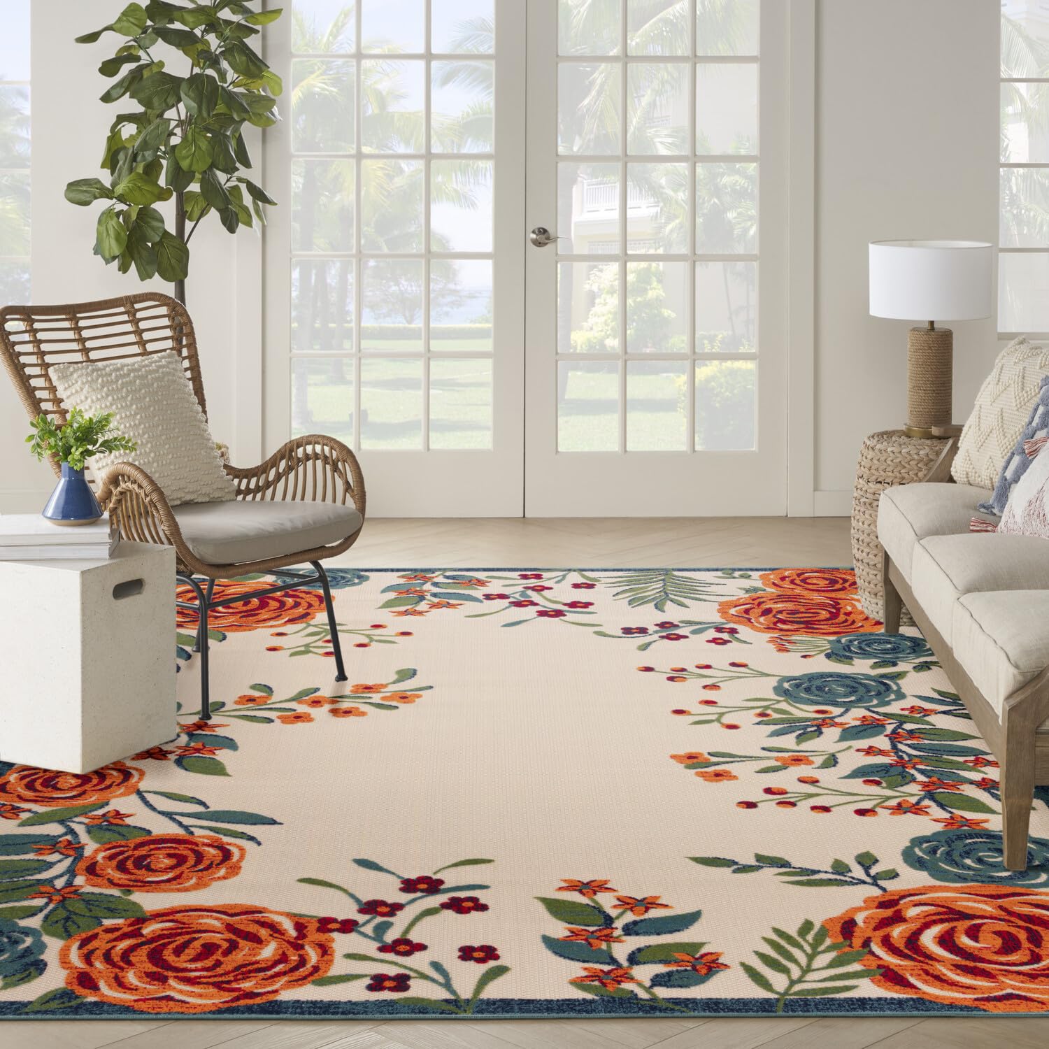 Nourison Aloha Indoor/Outdoor Ivory Multicolor 9' X 12' Area Rug, Easy-Cleaning, Non Shedding, Bed Room, Living Room, Dining Roo