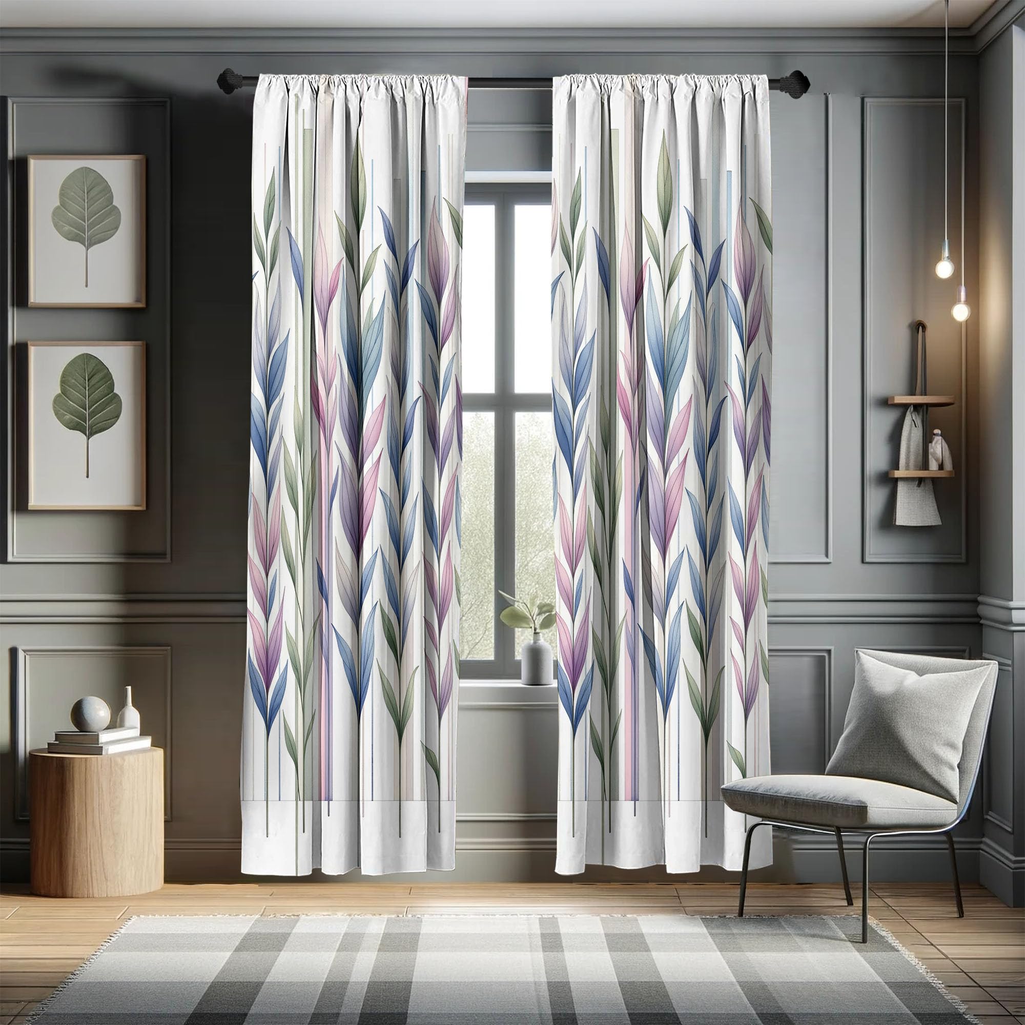 Ambesonne Leaves Window Curtains Pack Of 2, Watercolor Style Tall Leafy Branches On Bar Look Striped Pastel Colorful, Lightweigh