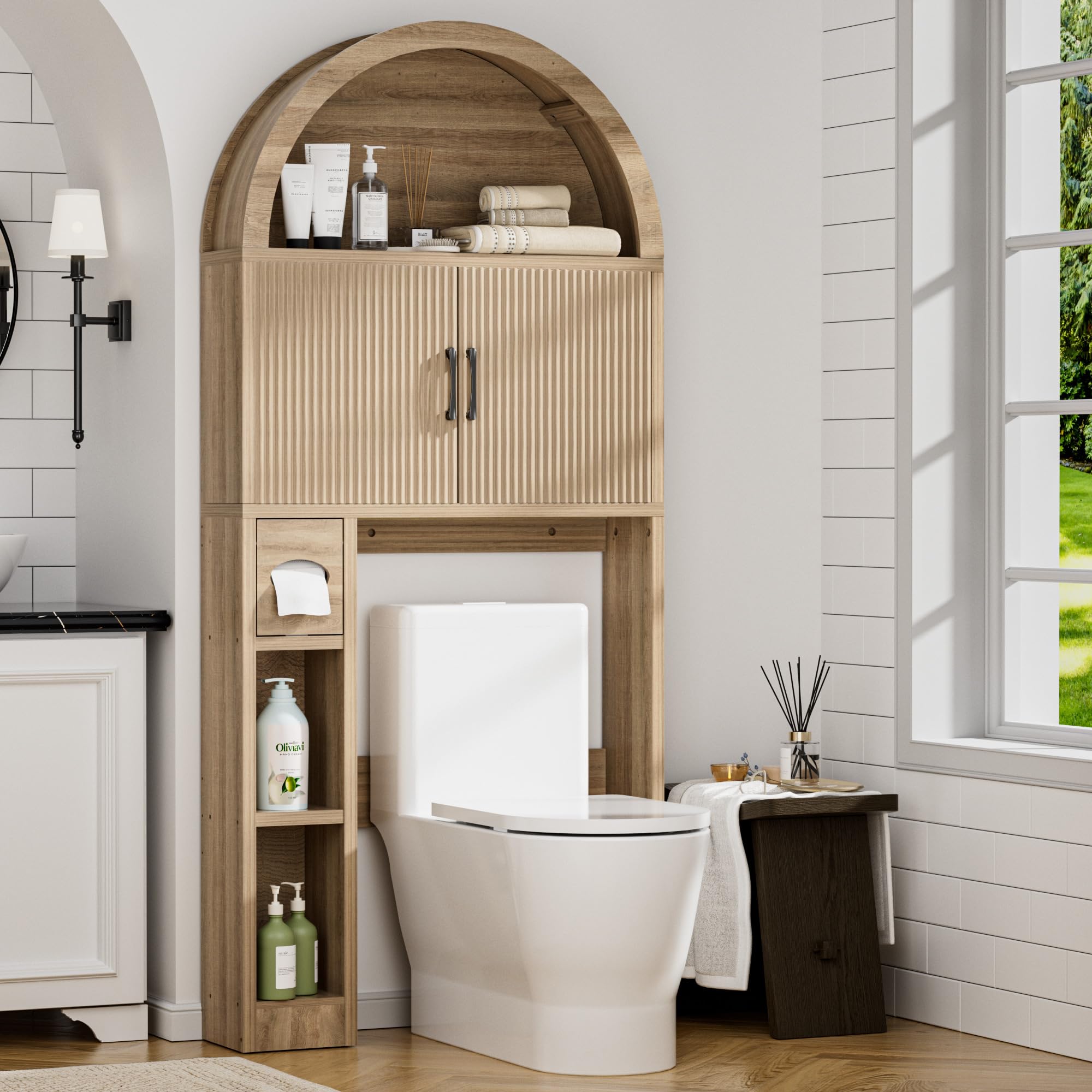 Spurgehom Over The Toilet Storage Cabinet, Bathroom Shelf Organizer Freestanding, Bathroom Arch Cabinet Over Toilet with Toilet 