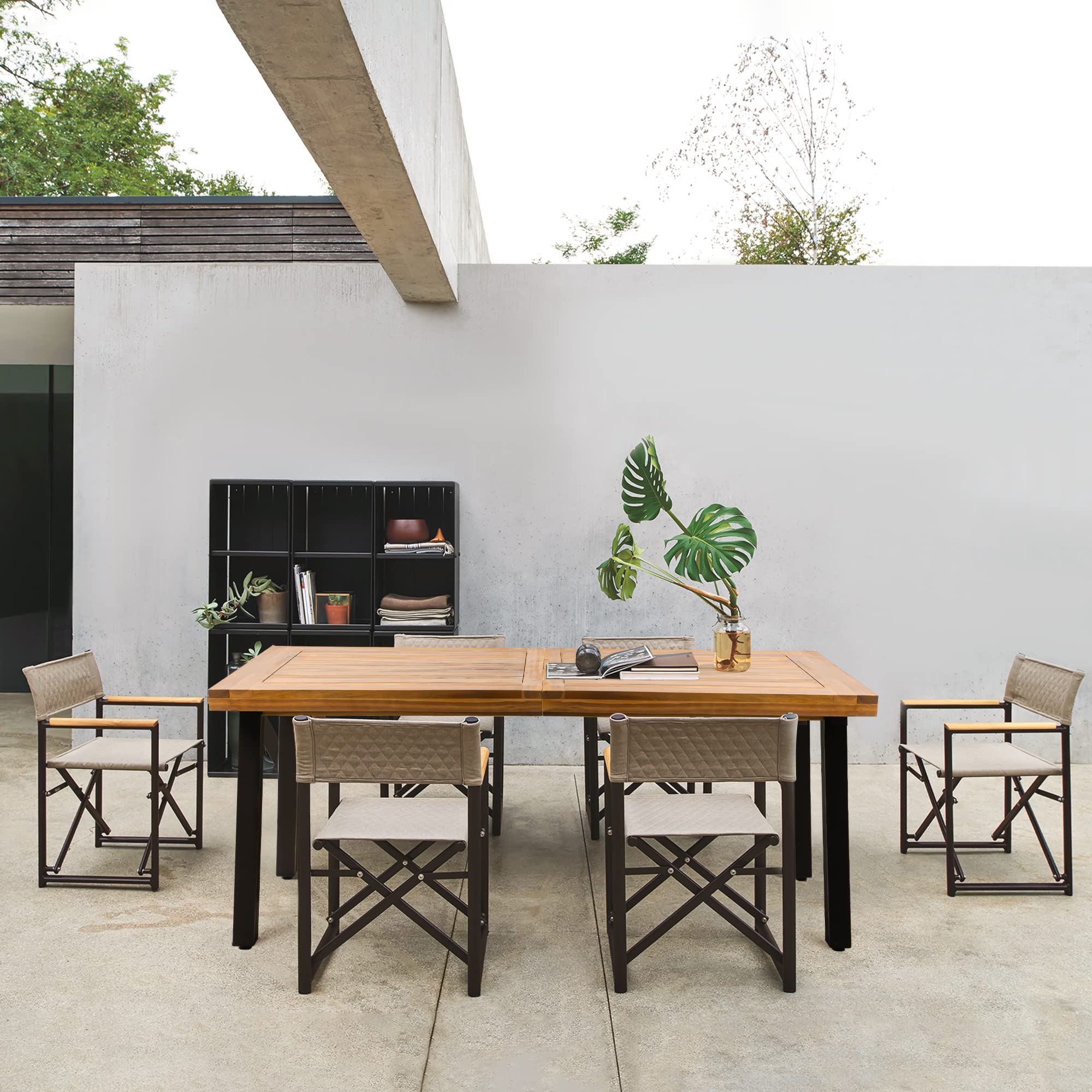 Flamaker Dining Table For 6 Acacia Wood Indoor Outdoor Home Kitchen Table With Iron Legs Large Rectangular Patio Table For Deck, Sunroom