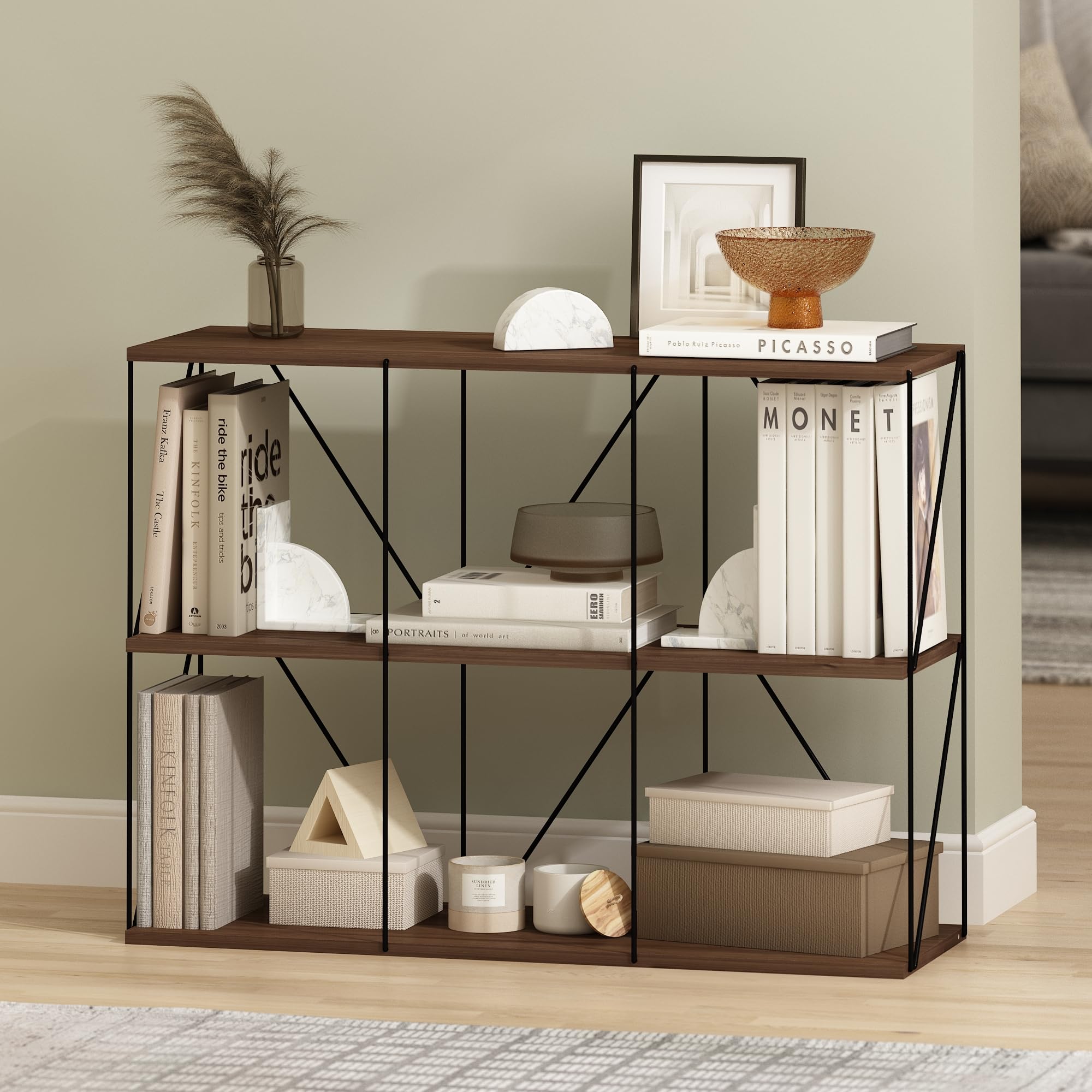 Furinno Rata 3 x 2 Industrial Multipurpose Flat Base Shelf Display Rack with Metal Frame, Columbia Walnut