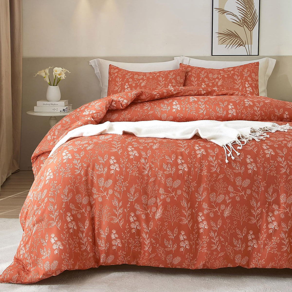 Highbuy Cute Floral Duvet Cover Twin Xl Terracotta Boho Botanical Comforter Cover 100% Cotton Chic Cozy Bedding Set Twin Xl Teen