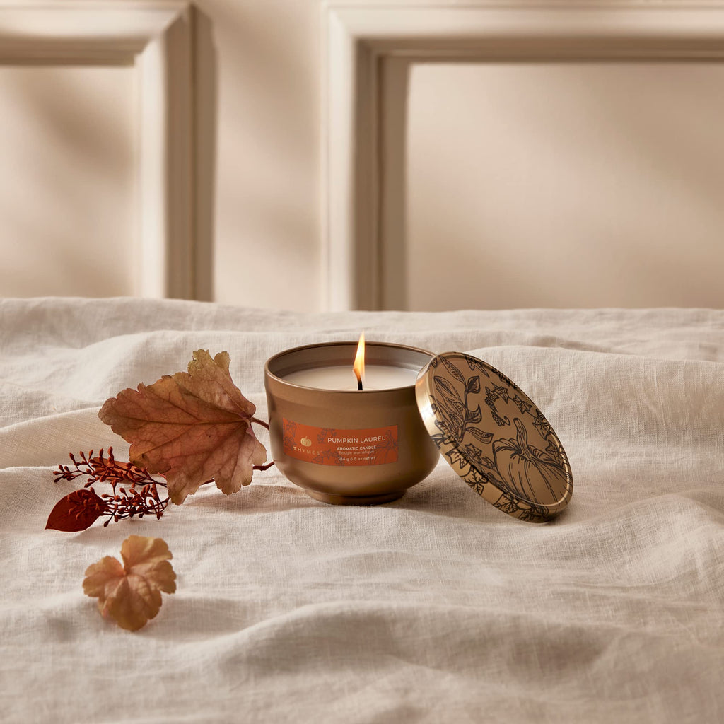 Thymes Pumpkin Laurel Candle Tin With Gold Lid - Fall Scented Candle With Notes Of Nutmeg, Cinnamon, Clove, Pumpkin, And Orange
